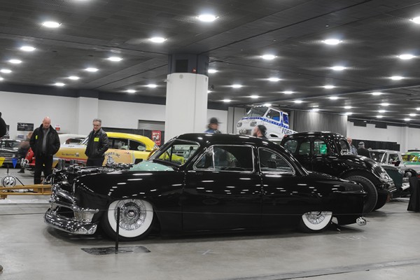 lowered ford shoebox hotrod coupe at indoor car show