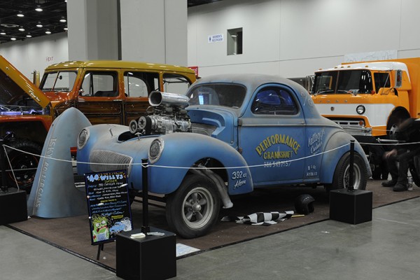 vintage patina willys gasser nostalgia drag car at indoor car show