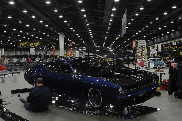 custom muscle car at indoor car show