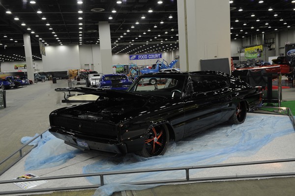 custom muscle car at indoor car show