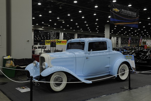 blue custom ford three window hotrod coupe