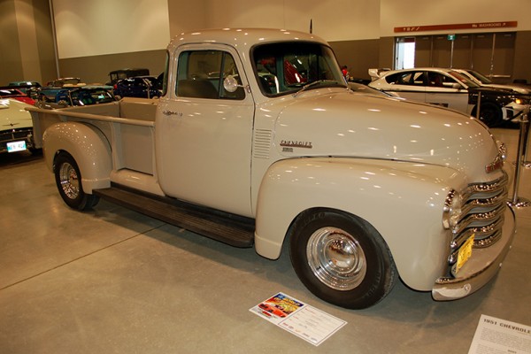 Vintage Chevy 3100 truck at indoor car show