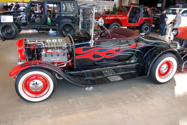t bucket roadster hot rod at indoor car show