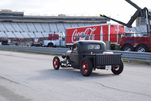 rear view of a ford hotrod pickup truck