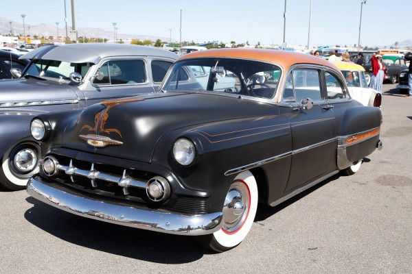 customized chevy postwar coupe with pinstripes