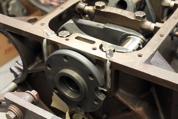 closeup of rear main seal on a v8 engine