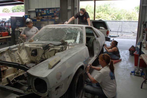 women block sanding the body of an AMC AMX