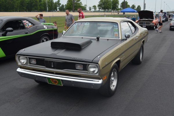 plymouth duster in drag race staging lanes