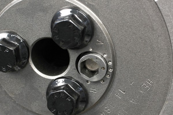 close up of gear bolts on an ls camshaft