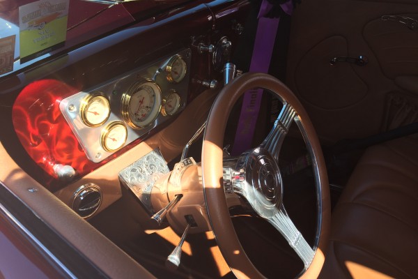steering wheel and interior of a custom 1935 ford at 2016 Hot August Nights