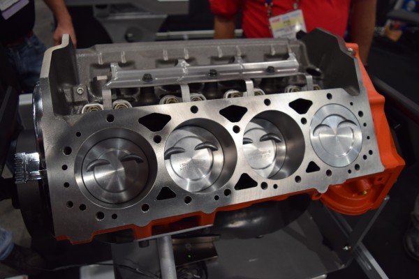 bare engine block on stand