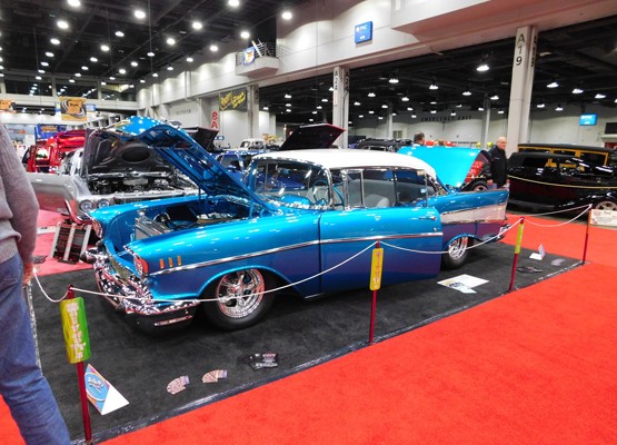 lowered blue 1957 chevy post coupe