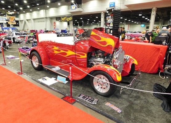 red ford flamed hotrod coupe with rumble seat