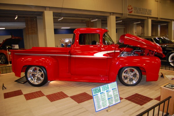 vintage hot rod pickup truck at indoor car show