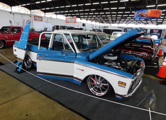 lowered blue chevy c/10 custom pickup truck