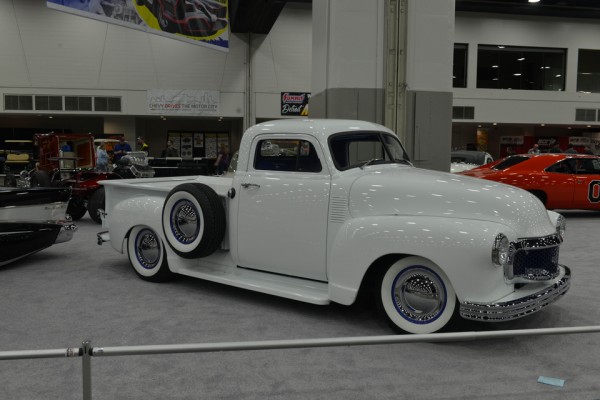 customized 1950s pickup truck, white