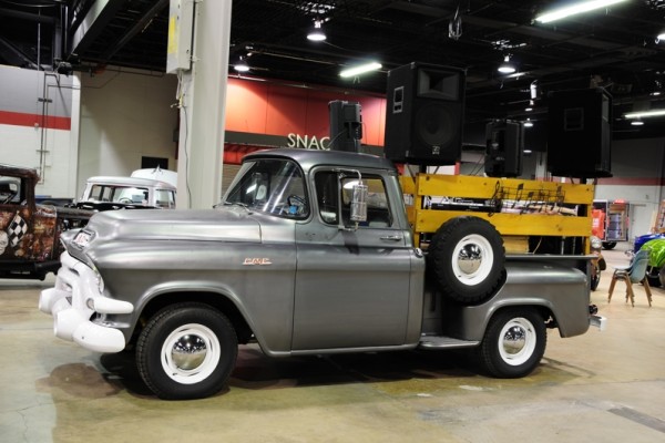 gmc pickup truck, vintage, with side-mount spare