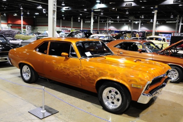 orange flamed chevy nova second gen muscle car