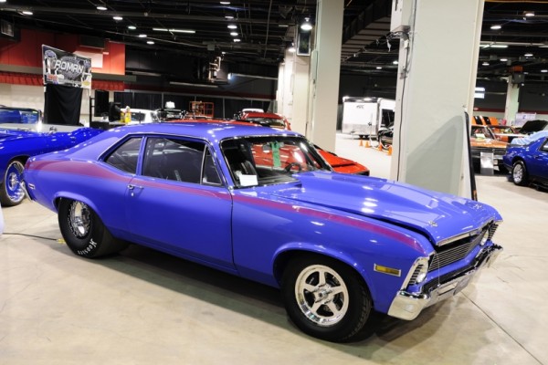 blue chevy nova second gen drag car at 2017 Chicago World of Wheels