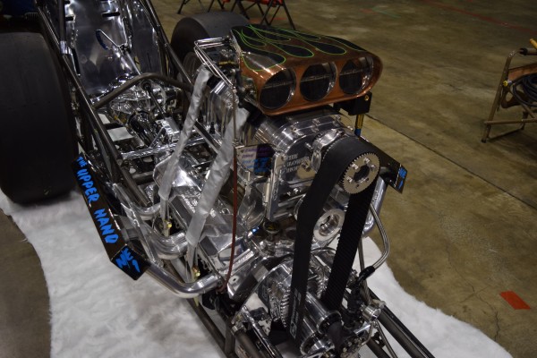 supercharged small block chevy v8 in a rail dragster