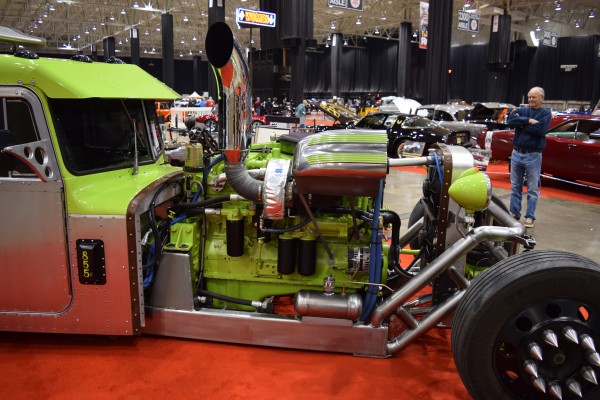 custom diesel engine in a hot rod semi truck
