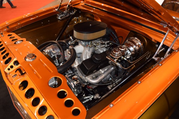 engine bay of a custom show car