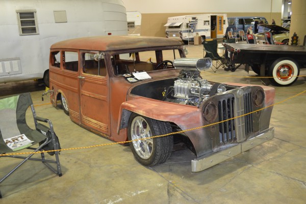 willys wagon hotrod with blown v8 engine