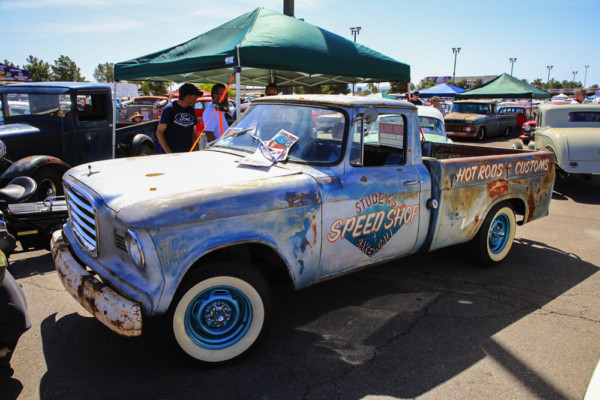 hot rod studebaker truck at a car show