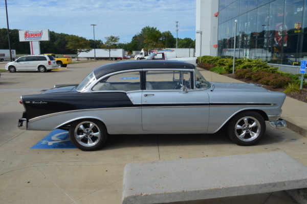 passenger side profile view of a 1956 chevy bel air at summit racing