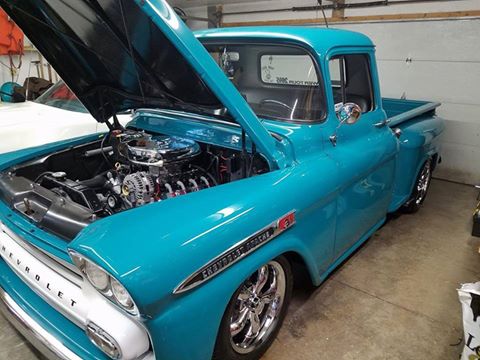 vintage chevy truck in a garage