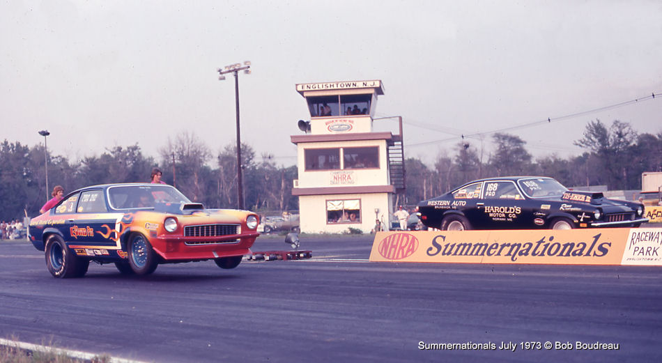 vintage photo of two dragsters launching during 1973 nhra summernationals