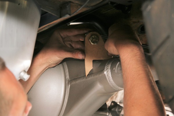 test fitting bracket on rear axle of a 1968 ford mustang