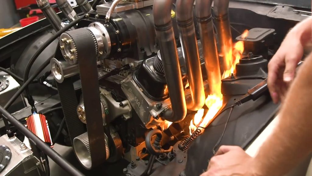 a set of headers getting heated up to bend