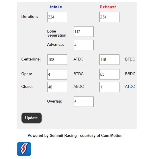 screenshot - cam timing calculator