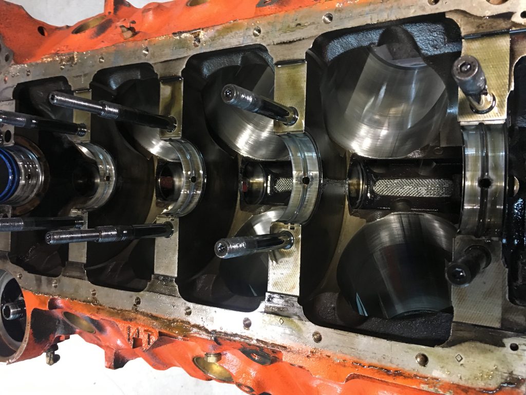 bottom of big block chevy v8 with rotating assembly and crankshaft removed