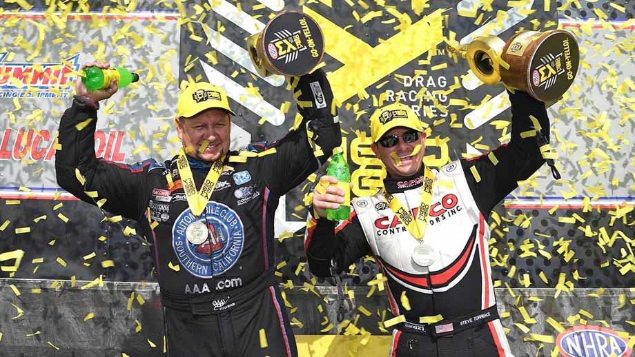 robert hight and steve torrence celebrate wins in nhra drag racing