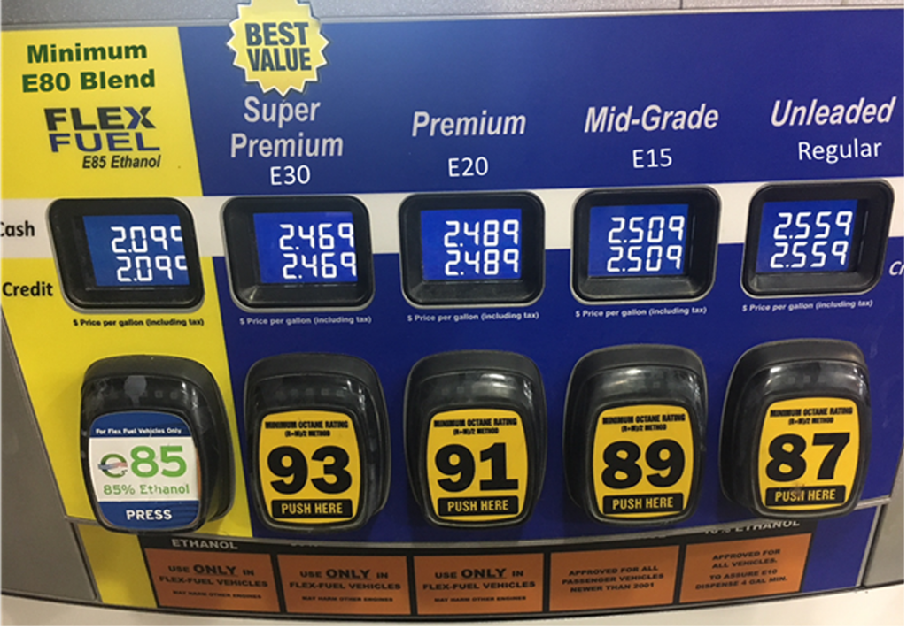 row of gas pump octane selection labels with e85