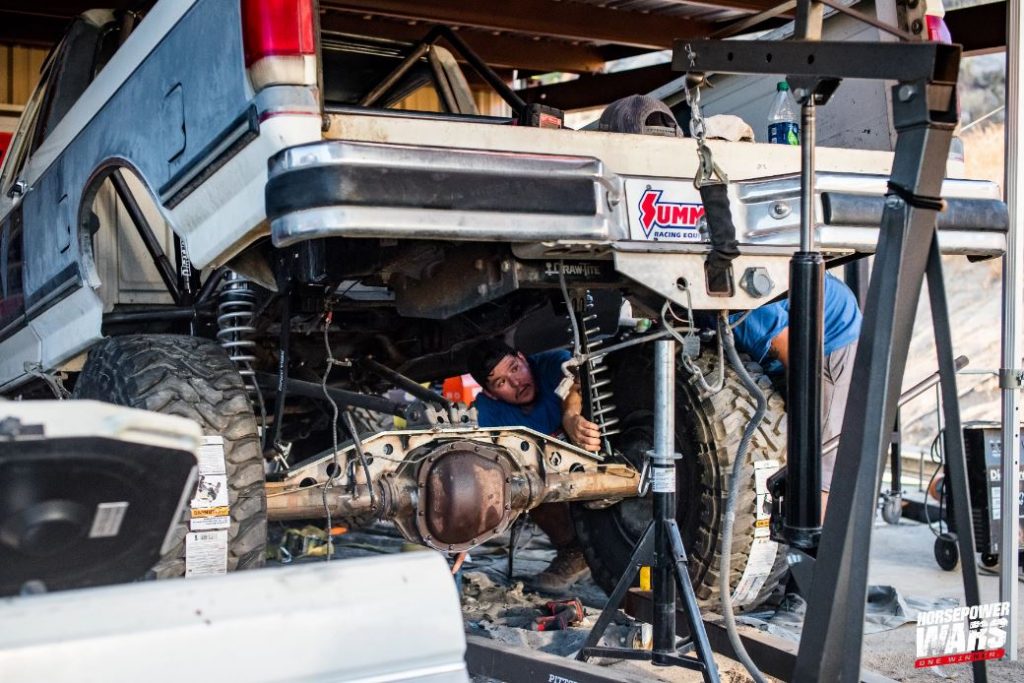 rear end of an old ford truck getting an axle swap upgrade
