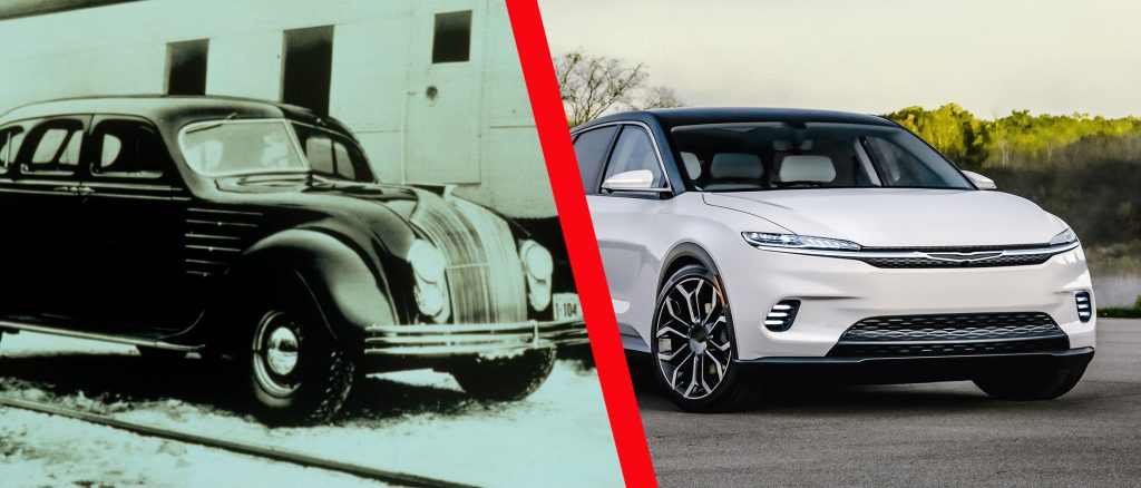 composite image of a 1934 Chrysler airflow and new concept vehicle with electric drivetrain