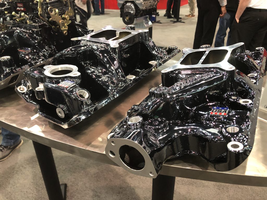 black plasma coated edelbrock intake manifolds on display at SEMA 2022