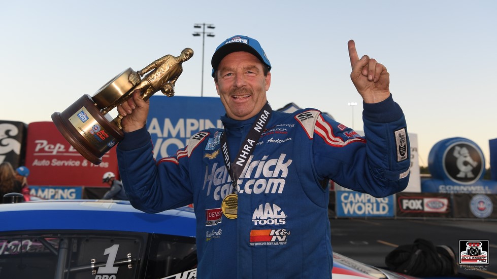 greg anderson with wally trophy 2022 pomona nhra race