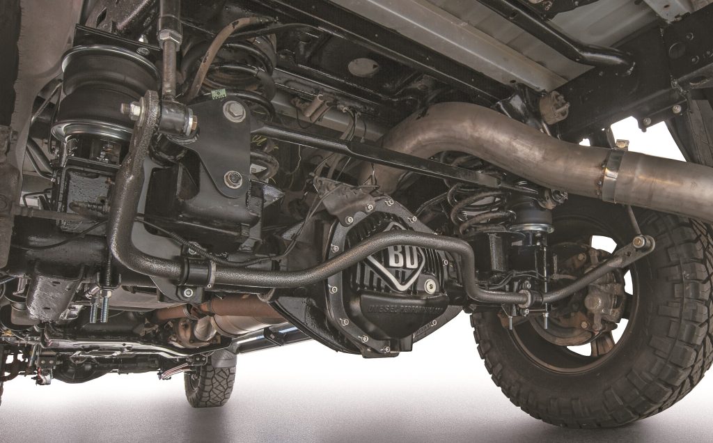 Rear view of a truck chassis with airbag suspension