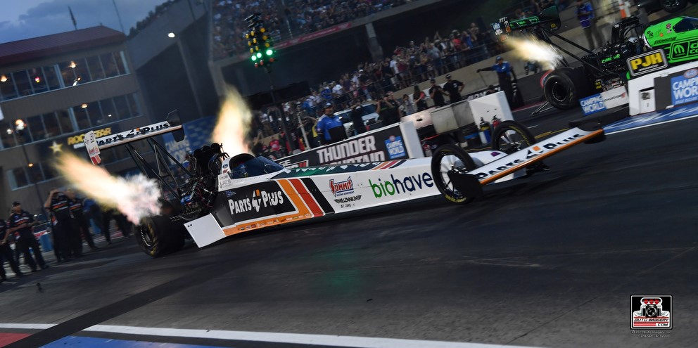 clay millican nhra top fuel dragster launching at final thunder mountain nationals race at bandimere