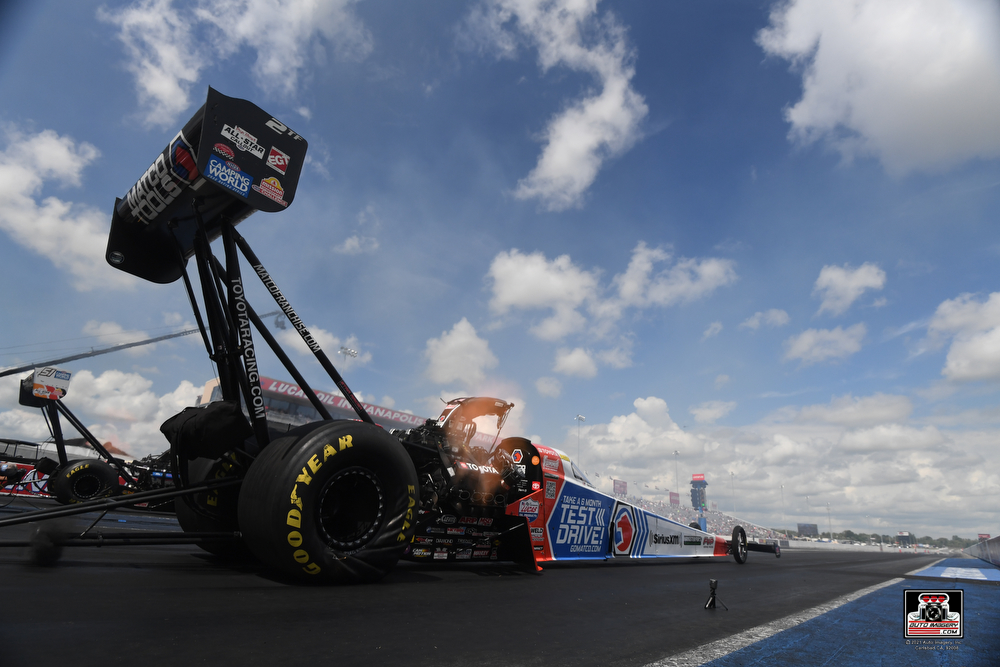 rear view of antron brown top fuel dragster at 2023 nhra us nationals