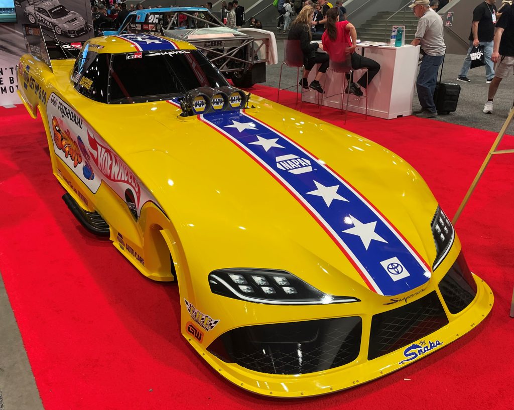 late model toyota supra nhra funny car in prudhomme snake throwback hot wheels livery