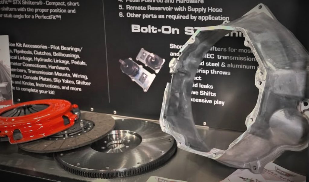 silver sport tremec engine fit kit on display at SEMA 2023