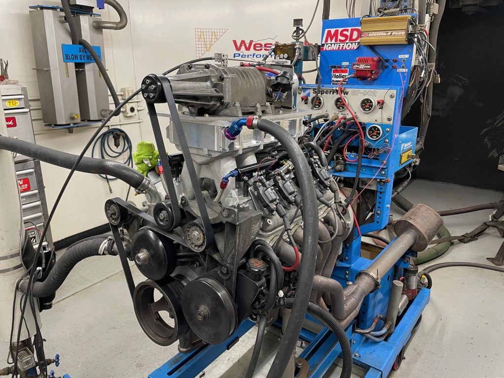 supercharged ls engine on a dyno during test run