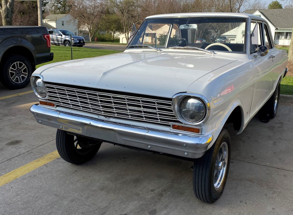front view of a vintage Chevy II Nova gasser