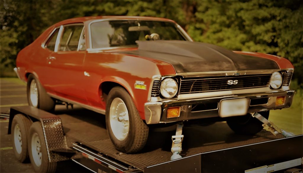 chevy nova ss race car on trailer