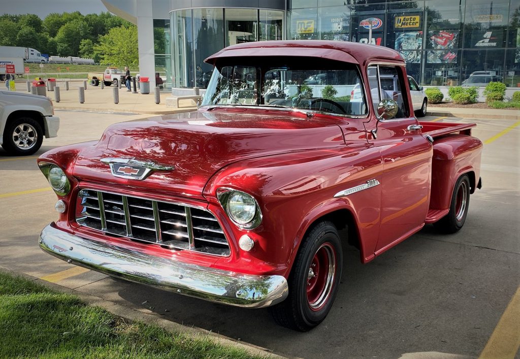 red 1955 chevy task force 3100 truck, front